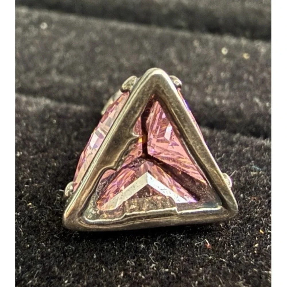 925 Marked HAN Triangle Pendant Pink Stone 3D Sterling Silver